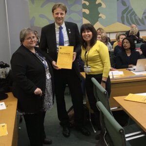Heather Taylor-Nicholson with Derek Thomas MP and Tina Mitchell Skinner, Brain Tumour Support Founder, at APPGBT in 2018