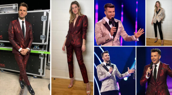 A montage of photographs showing suits worn by Joel Dommett on ITV's The Masked Singer.