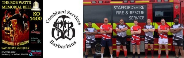 The Combined Services Barbarians Ruby Team standing in front of fire engine belonging to the Staffordshire Fire and Rescue Service.