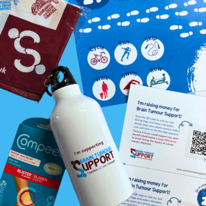 flat lay of the brain tumour support move 29 fundraising pack - including the brand new water bottle