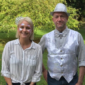 Two Brain Tumour Support Professionals, dressed in sparkles for BTS Sparkle Day