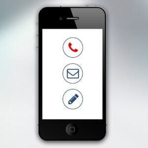 A black mobile phone with contact us icons on the screen