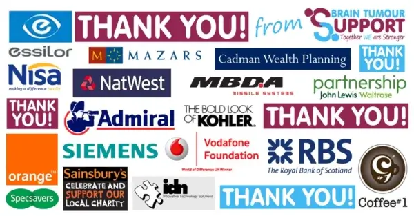 A montage of company logos of those organisations who have supported Brain Tumour Support over the years