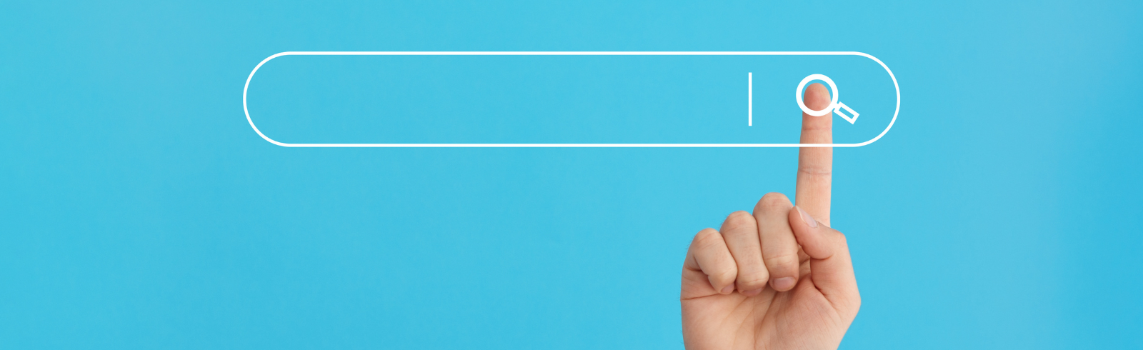 Finger pointing at a search field against a blue background