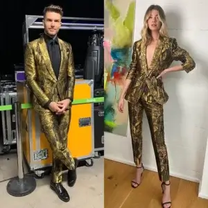 Joel Dommett and wife, Hannah Cooper wearing Masked Singer suits