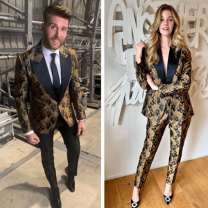 Separate pictures of Joel Dommett and Hannah Cooper each wearing a gold and black designer Joshua Kane suit