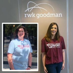 Lucy Norton and Sarah White from RWK Goodman in charity t-shirts supporting Brain Tumour Support