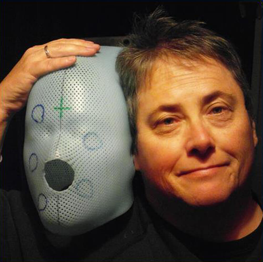 Brain Tumour Support volunteer, Heather with her radiography mask.