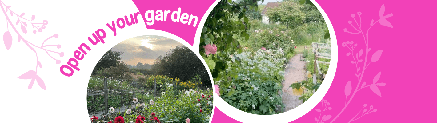 Brain Tumour Support Open Gardens event header featuring two images of pretty summer gardens
