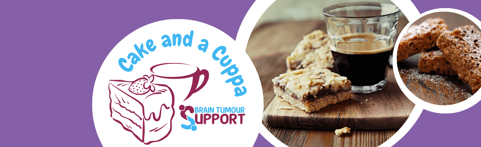 Image shows the Brain Tumour Support Cake and a Cuppa logo with images of homemade flapjacks