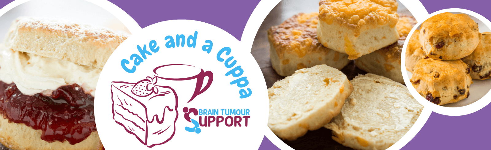 Image shows the Brain Tumour Support Cake and a Cuppa logo alongside three images of homemade scones