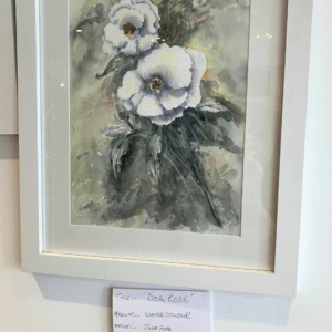 Framed watercolour painting of white dog rose