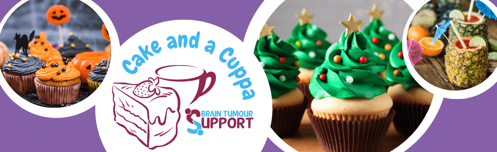 Image shows occasion cakes and drinks, including halloween cupcakes and Christmas cakes. Image features the Brain Tumour Support Cake and a Cuppa logo