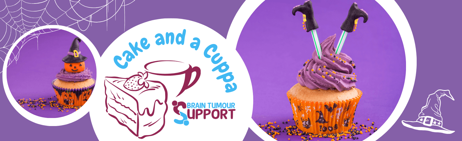 Image shows Halloween themed cupcakes and the Brain Tumour Support Cake and a Cuppa logo