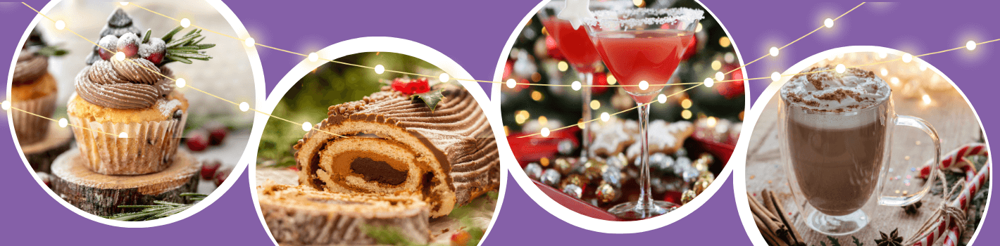 Image strip features a selection of Christmas cakes and drinks