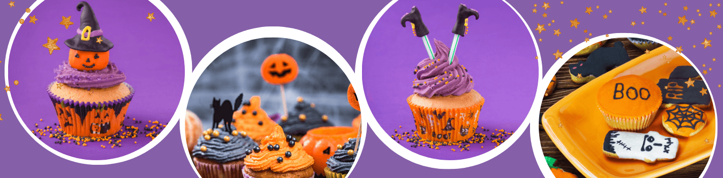 Image shows four images with Halloween sweet treats and cakes.