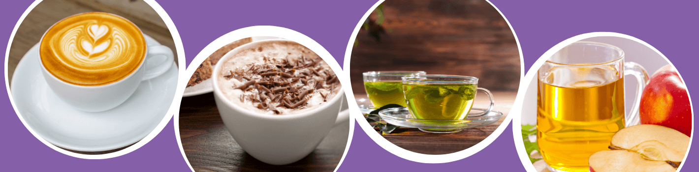 Images of hot drinks including coffee, hot chocolate, green tea and spiced apple cider