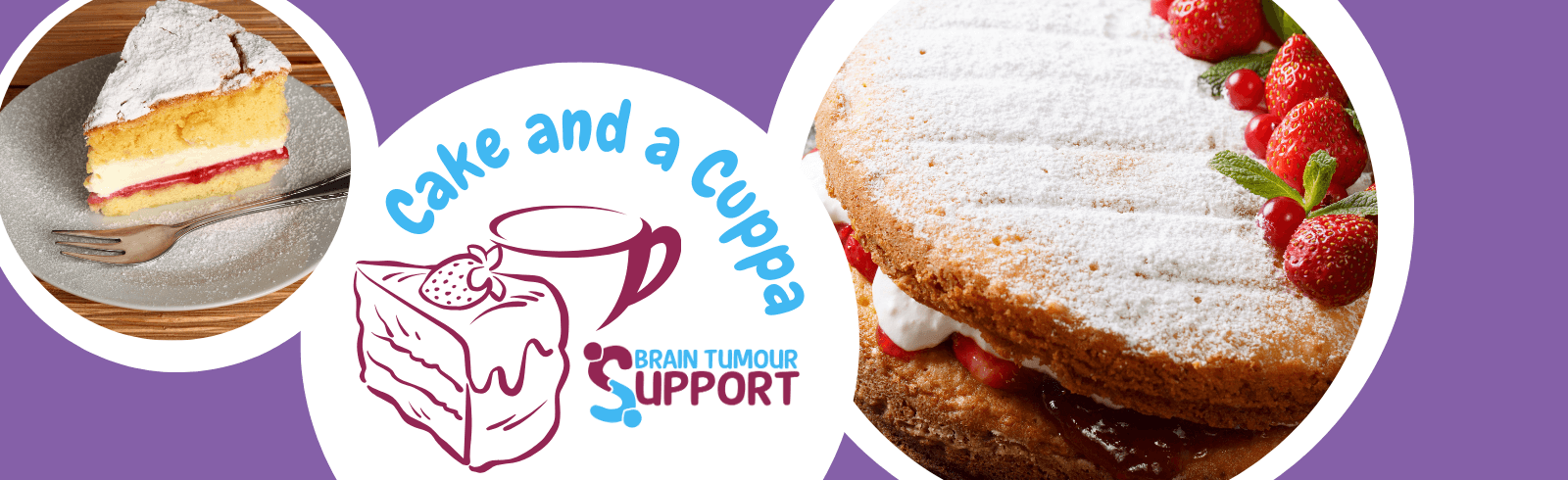 Image shows traditional Victoria sponge cakes. Features Brain Tumour Support Cake and a Cuppa logo
