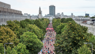 Cardiff Half Marathon runners against the city sights