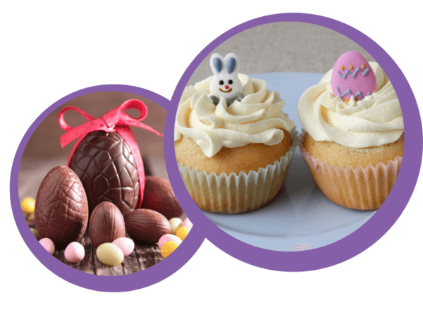 Image contains two circles with images of chocolate Easter eggs and Easter themed cupcakes