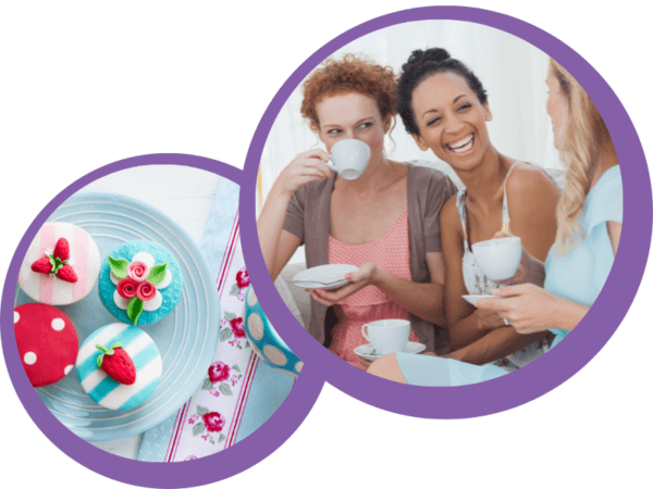 Young women drinking cups of tea and chatting at a tea party event