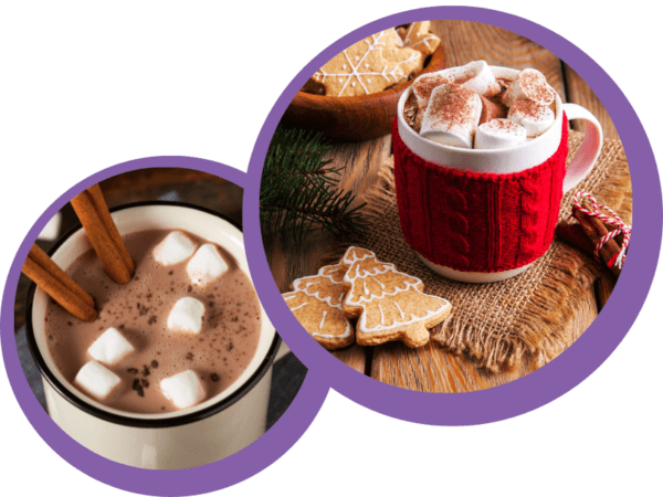Classic hot chocolate drinks with a seasonal twist, marshallows and cinnamon sticks