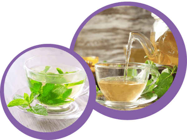 Glass teascup and saucer with peppermint tea garnished with mint leaves