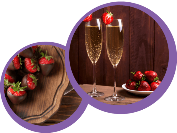 Image shows chocolate dipped strawberries with champagne flutes