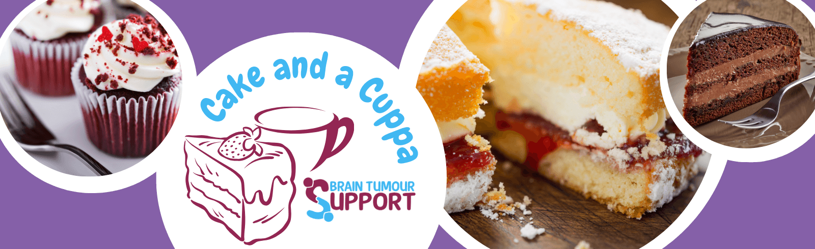 Image shows a selection of homebaked cakes. Image features the Brain Tumour Support Cake and a Cuppa logo