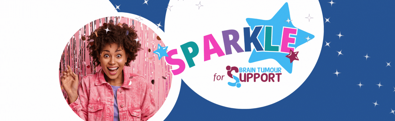 Image features Brain Tumour Support Sparkle Day logo and image of a girl in front of a glitter curtain smiling