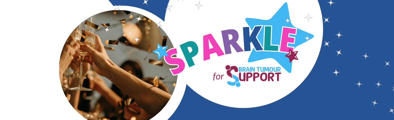 Image shows Brain Tumour Support Sparkle Day logo next to an image that zooms in on people clinking glasses at a Christmas party