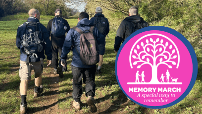 Imagefeatures the Brain Tumour Support Memory March 2025 event logo on an image of a group of male walkers