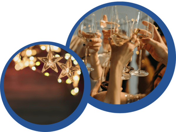 Two images featuring golden lights and friends toasting in celebration