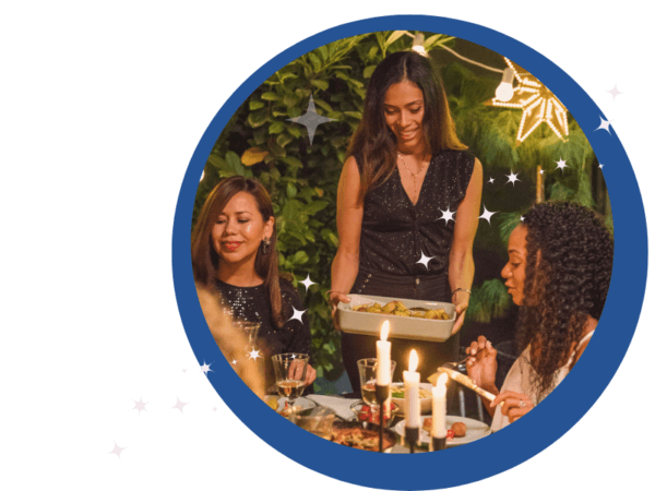 Dinner is served at a sparkling friends dinner party