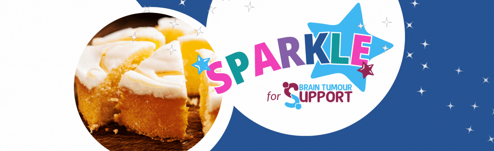 Image shows Brain Tumour Support Sparkle Day logo alongside lemon drizzle cake