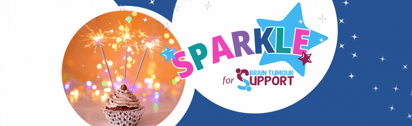 Image shows the Brain Tumour Support Sparkle Day logo alongside a shimmering cupcake with sparkler