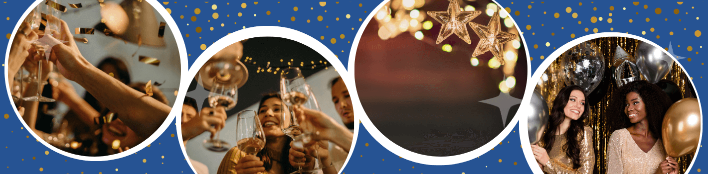 Image shows a number of images of a golden themed golden Christmas party