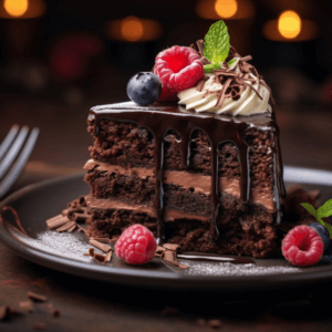 Chocolate filled sponge cake with fresh raspberries
