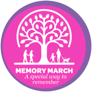 Memory March white logo on a pink circle