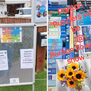 Notice board standing up in front of a garden fence and picture of assorted jigsaws lined up on their sides