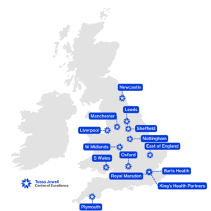 Map of UK showing the 14 Tessa Jowell Centres of Excellence