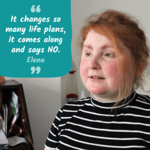 Elena has been supported by Brain Tumour Support and talks about being a young person with a brain tumour diagnosis. Image shows Elena talking to a person.