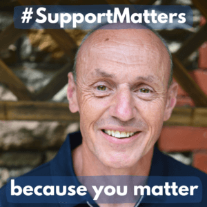 Brain Tumour Support square image featuring Andy smiling at the camera. The copy reads #SupportMatters - because you matter