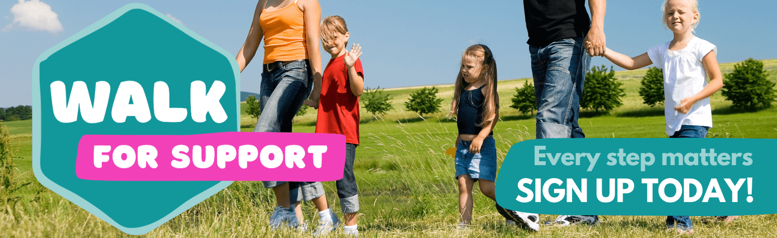 Family with young children walking together outdoors for Brain Tumour Support’s Walk for Support event.