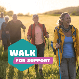 Group of walkers in the later afternoon sun. Image features the Brain Tumour Support new event, Walk for Support logo