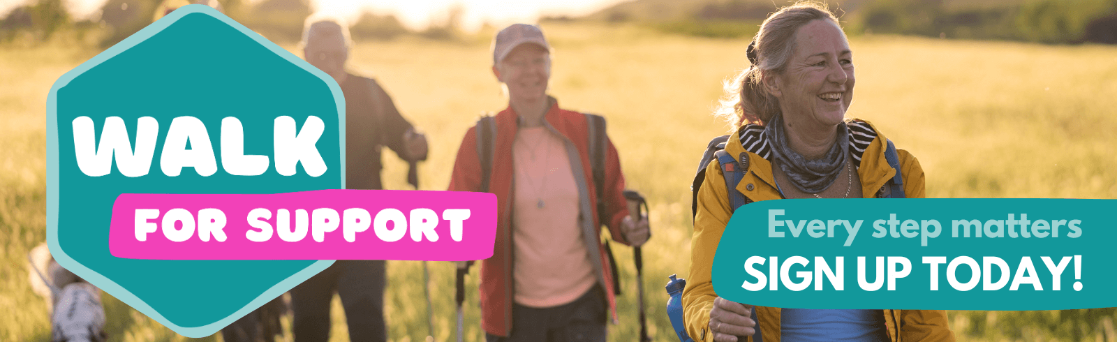 Image shows Walk for Support logo with walkers on a summers day smiling.