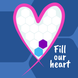 Heart-shaped graphic made of hexagons representing the Brain Tumour Support campaign to welcome 16 new regular givers