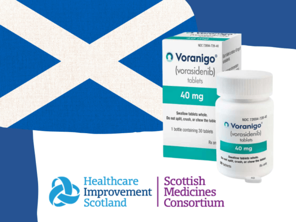 Image of Vorasidenib container and tablet, with the Scottish flag and Scottish Medicines Consortium logo