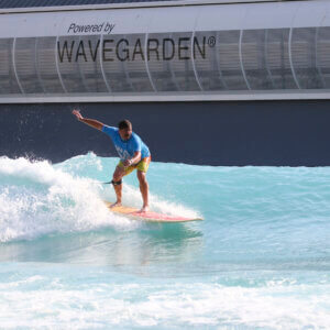 Robert surfing on an artificial wave at The Wave