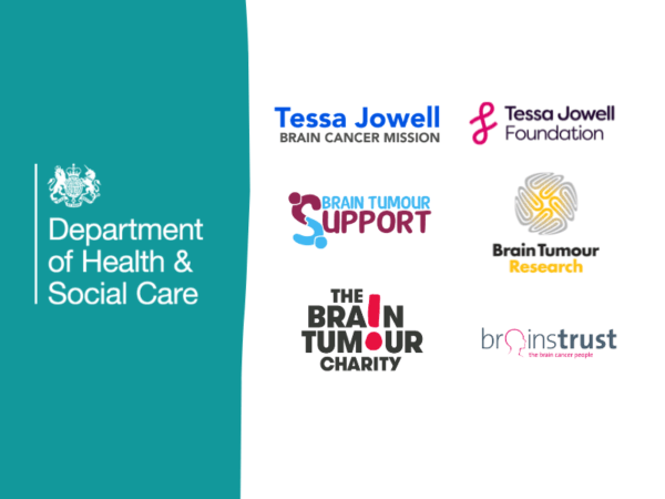 Dept of Health and Social Care logo in white on a teal background with six charity logos on white beside